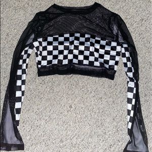 Mesh Checkered Long Sleeve Crop Top